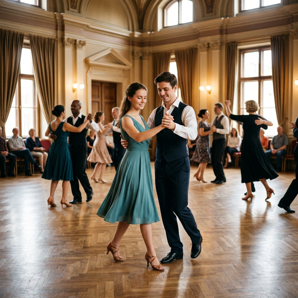 왈츠 기본 스텝을 배우는 입문 수업 장면