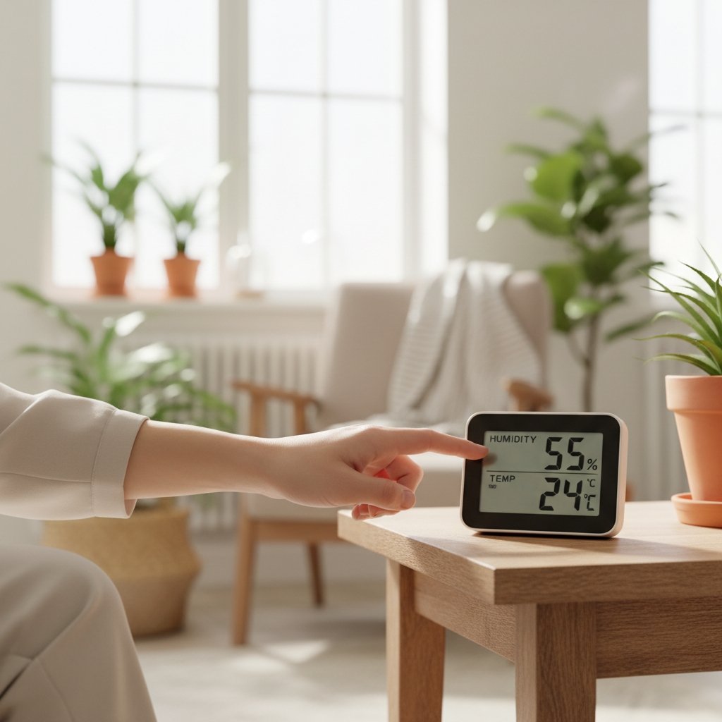 습도계로 실내 습도를 측정하는 장면