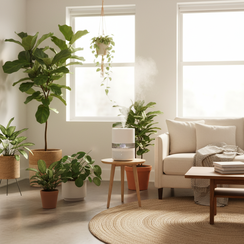 가습기와 실내 식물이 배치된 거실