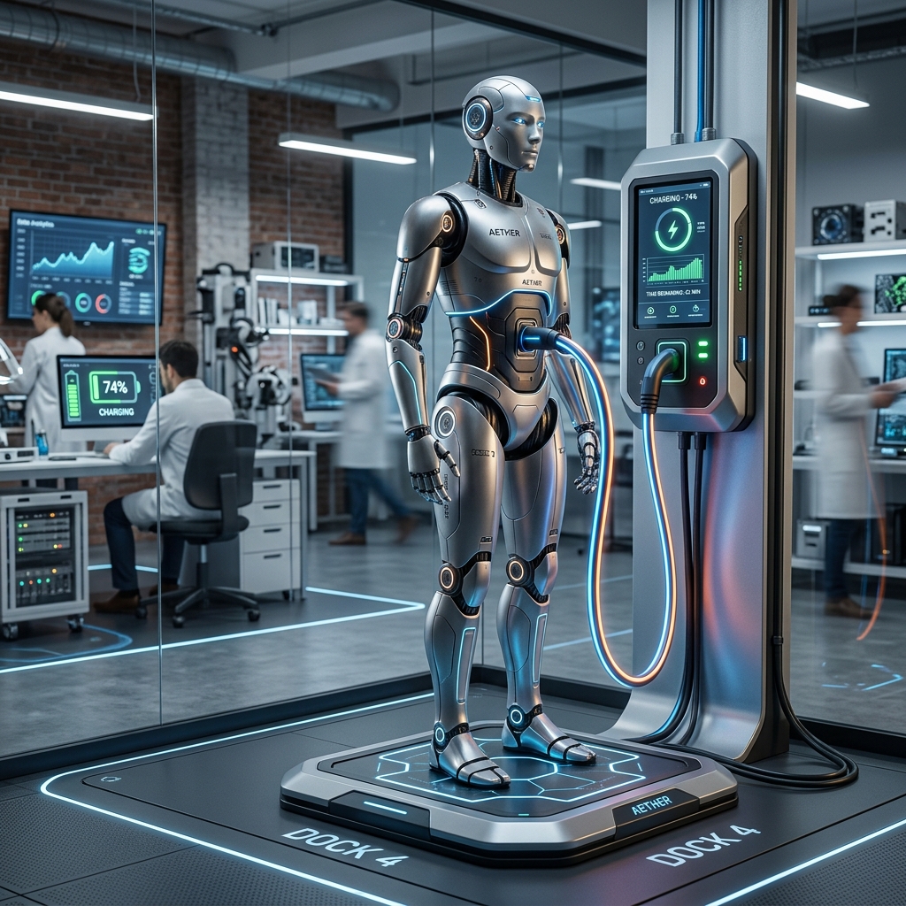 배터리 충전 중인 휴머노이드 로봇 충전 스테이션