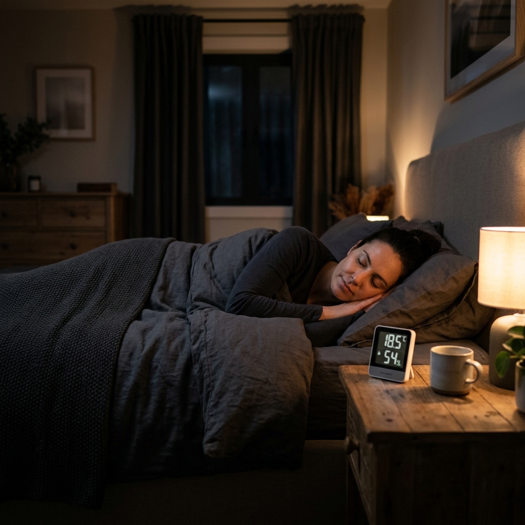 어두운 침실 환경과 적절한 온도계