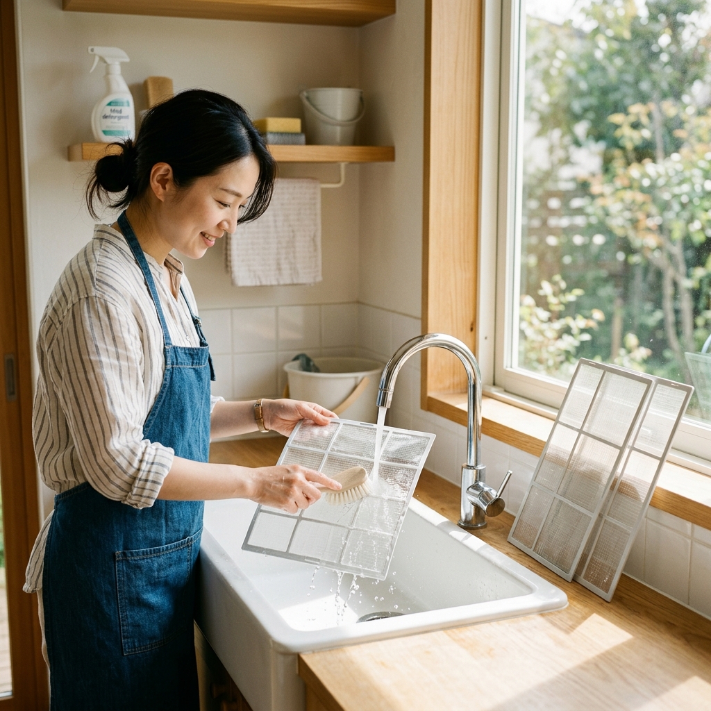 에어컨 필터를 물로 씻고 말리는 장면