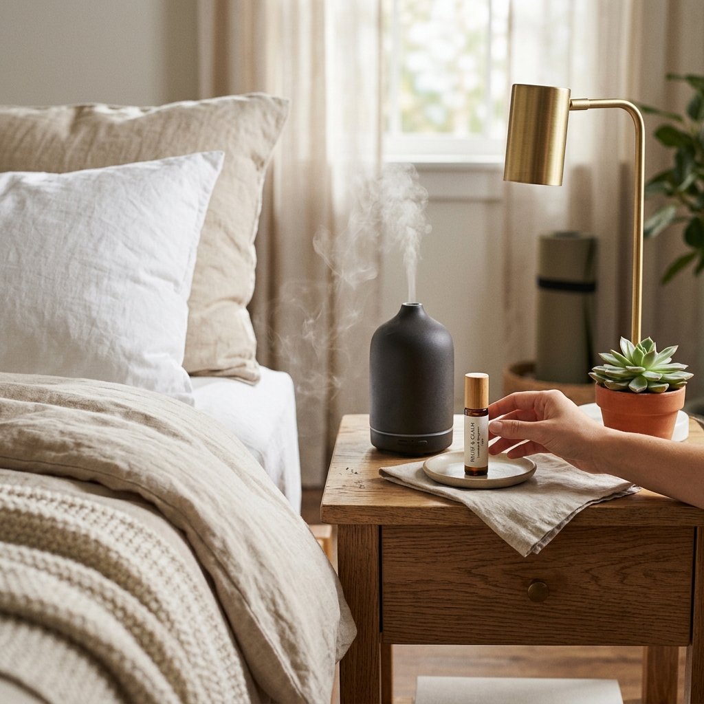 롤온 오일과 아로마 디퓨저가 놓인 침대 사이드
