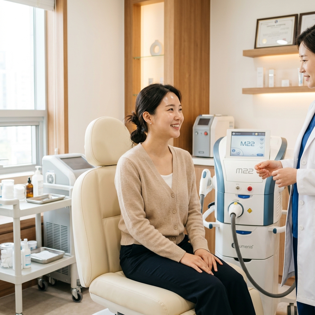 피부과 시술실에서 레이저 장비 앞에 앉은 여성