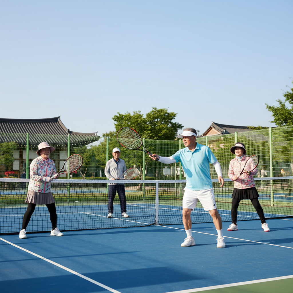 고령층이 테니스 라켓을 들고 경기 중인 모습