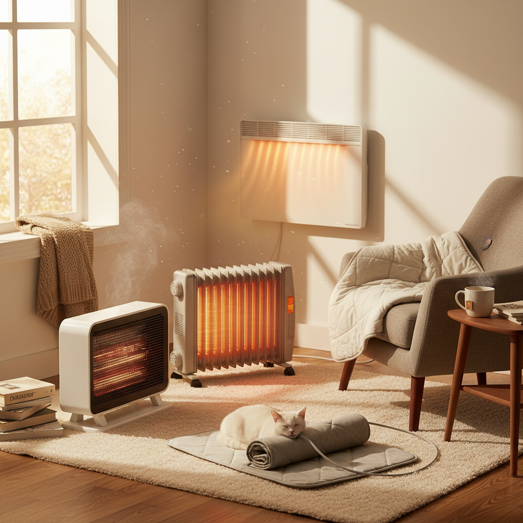 전기 난방기와 온수 매트 등 다양한 난방기가 놓인 장면