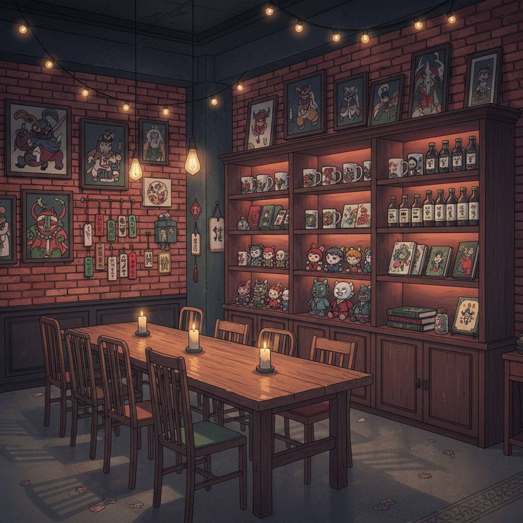 괴담 테마 카페 내부와 관련 굿즈 진열대