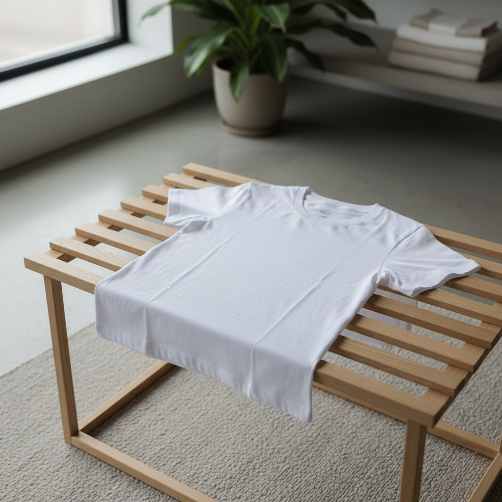 평평한 건조대 위에 펼쳐진 티셔츠