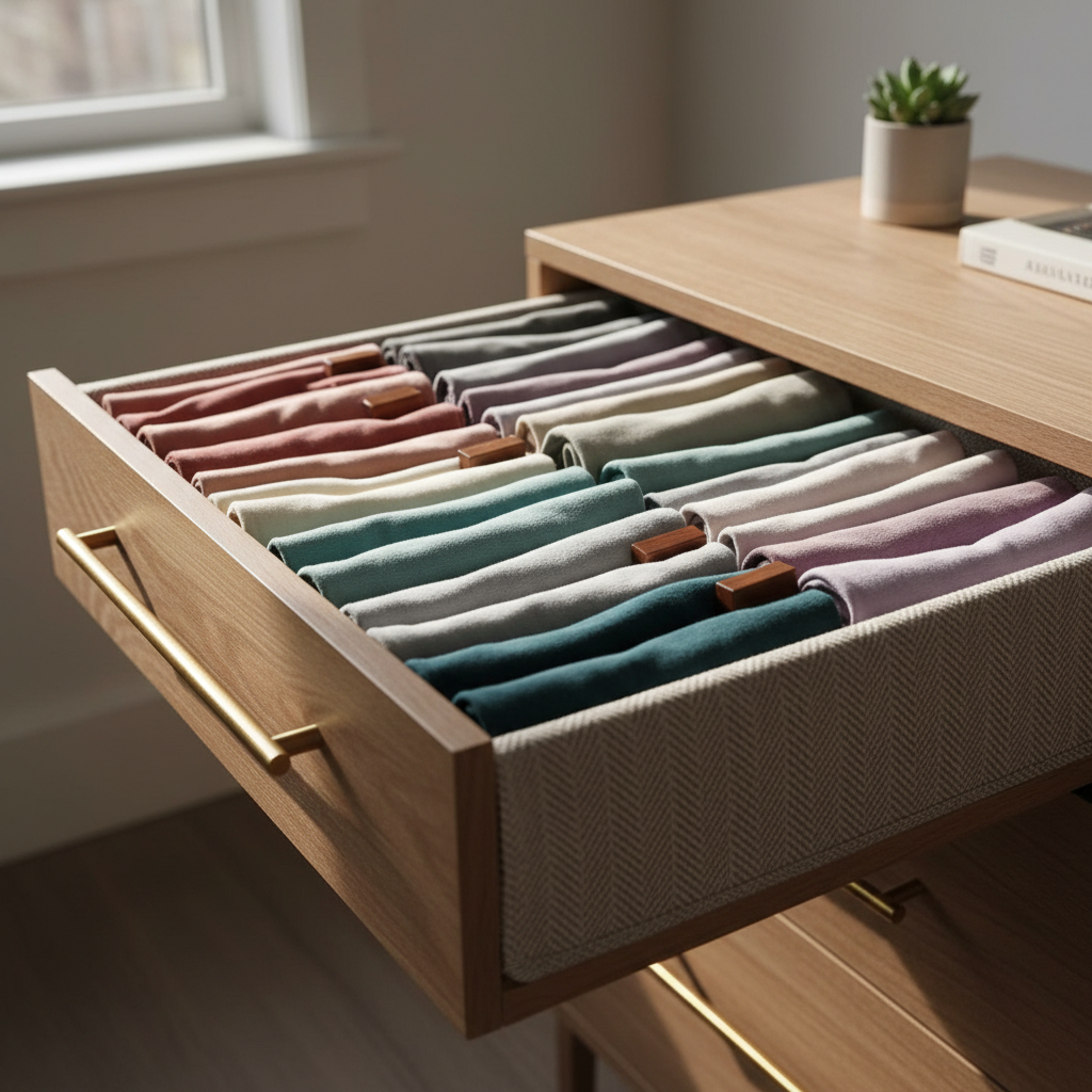 접힌 티셔츠를 서랍에 세워 보관한 장면