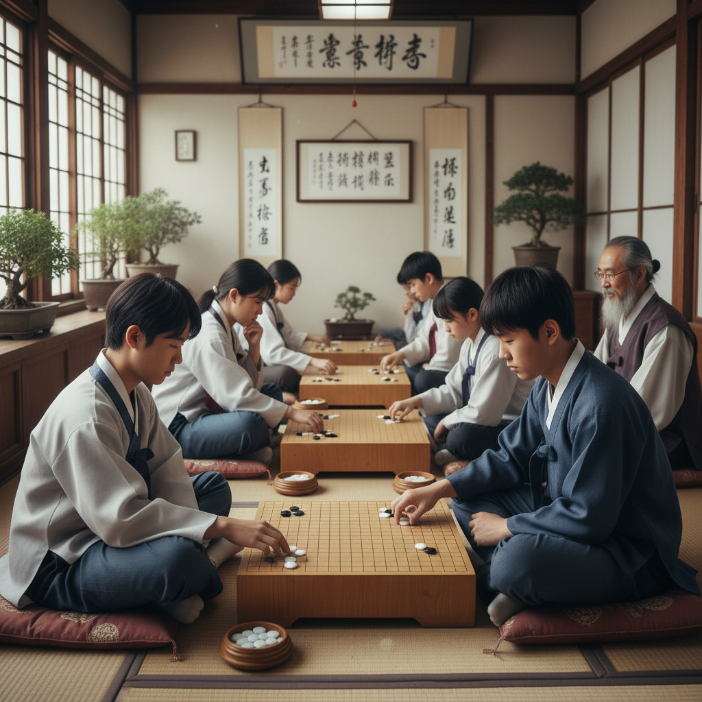바둑 도장에서 어린 학생들이 집중해 대국하는 장면