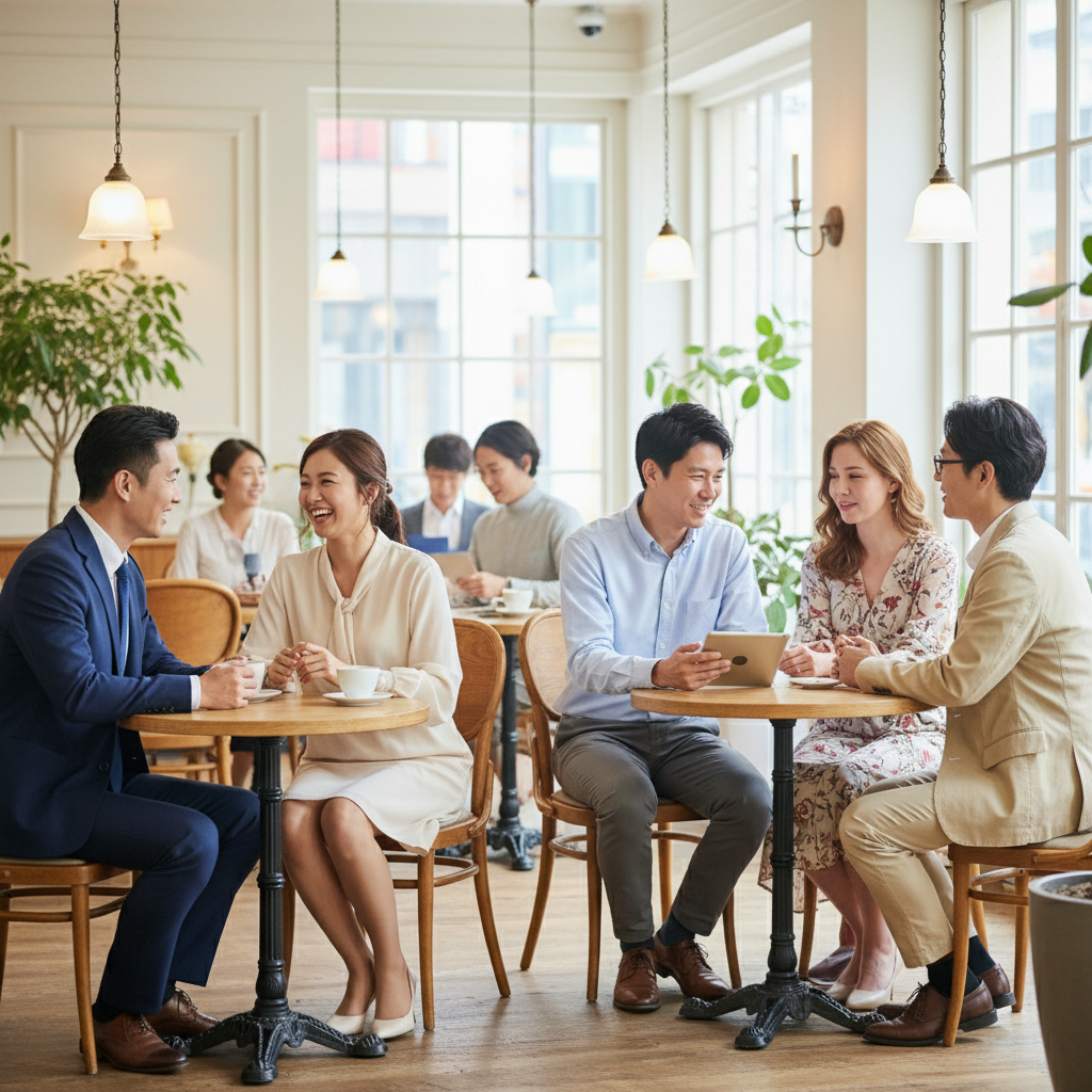 30~40대가 참여하는 소개팅 모임 또는 결혼 정보 회사 상담 장면
