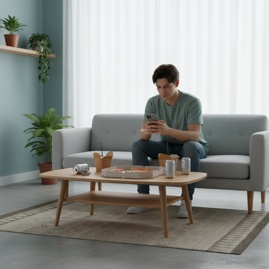 배달 음식을 먹으며 스마트폰을 보는 20대 실내 장면