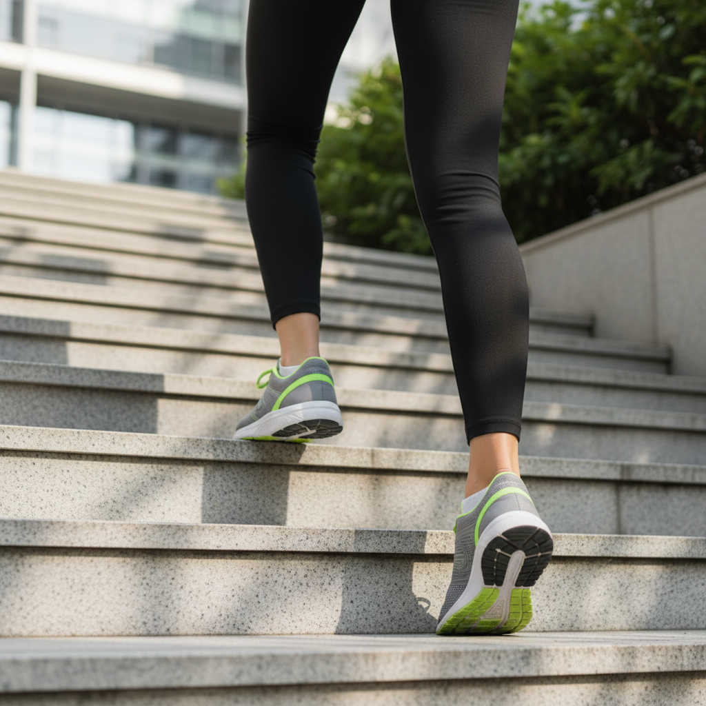 계단을 오르는 젊은 여성의 운동화와 다리