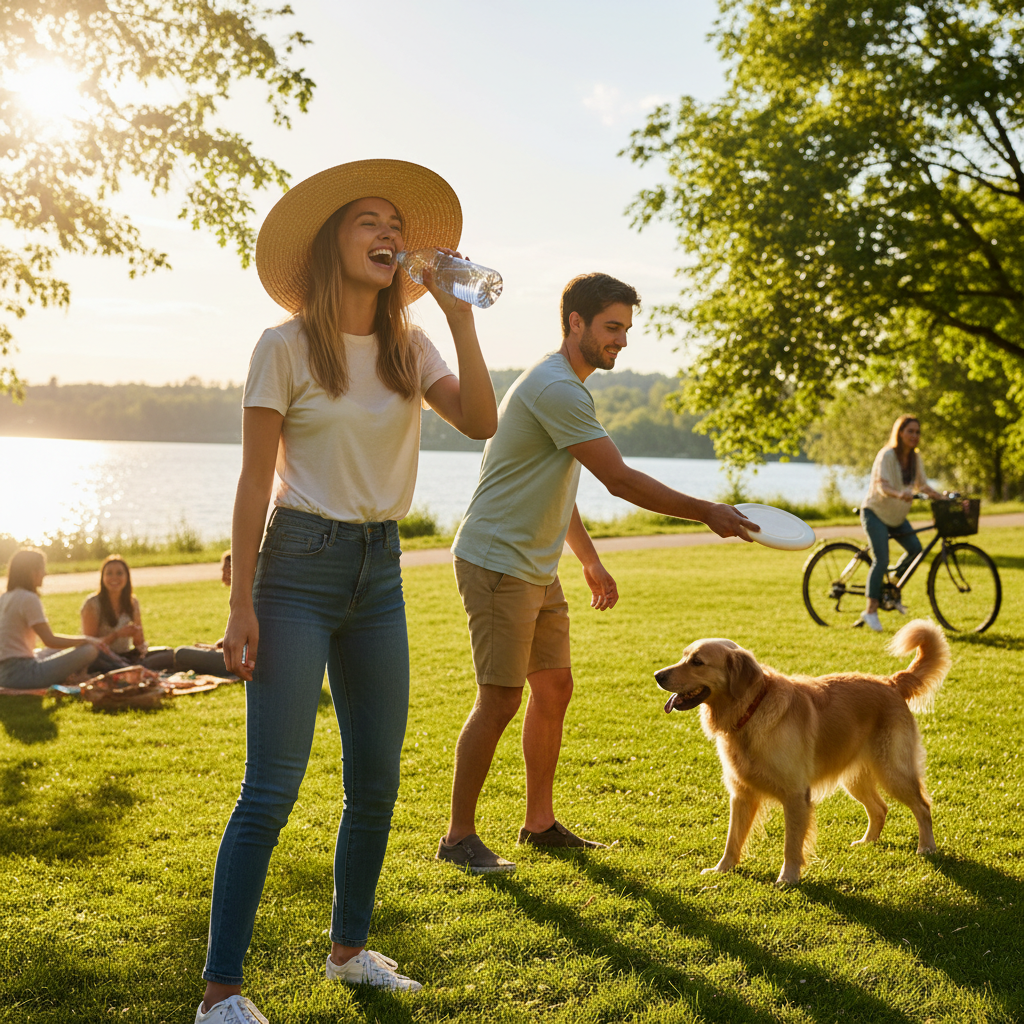 갑작스러운 더위 속 야외 활동 장면