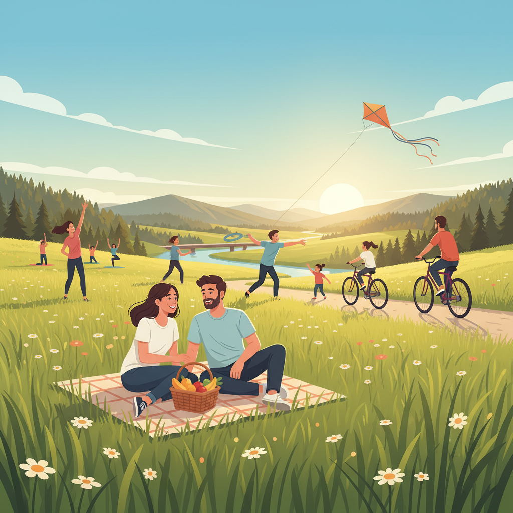 풀밭에서 야외활동 중인 사람들의 모습