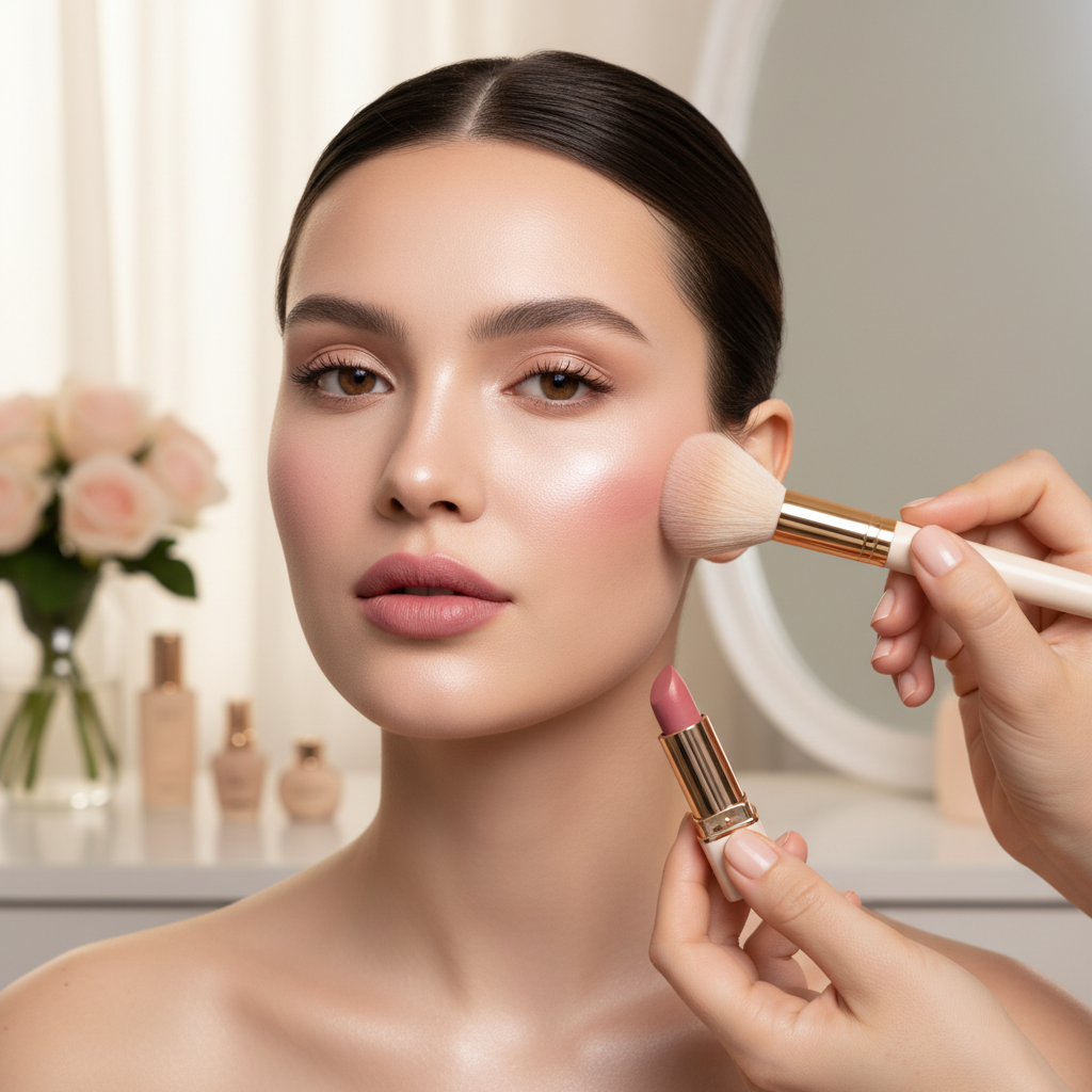 소프트 글로우 베이스와 워시드 핑크 립 메이크업 적용 장면