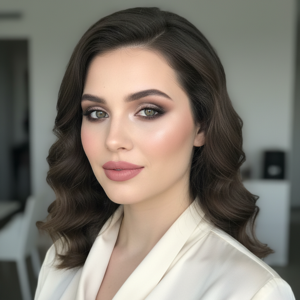 쿨톤 피부에 로즈 립과 회갈색 아이섀도를 적용한 메이크업 모습