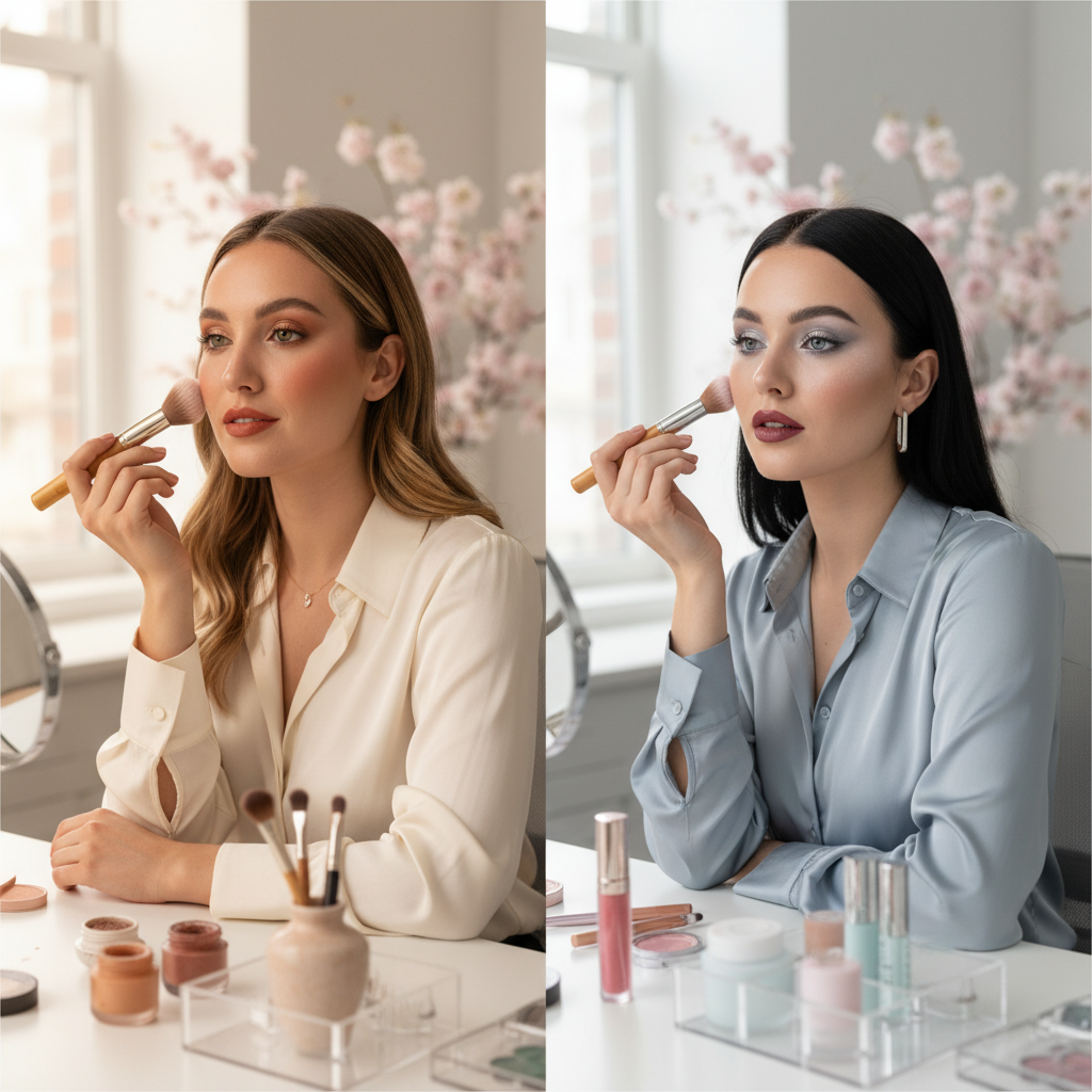 웜톤과 쿨톤 피부에 각각 어울리는 봄철 출근 메이크업 비교 장면