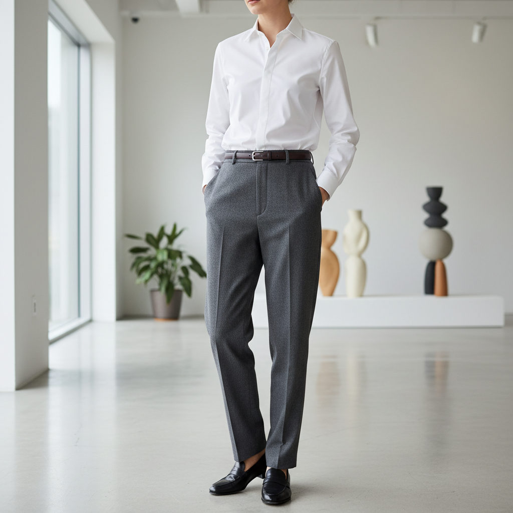 깔끔한 셔츠와 슬랙스 조합의 전신 룩