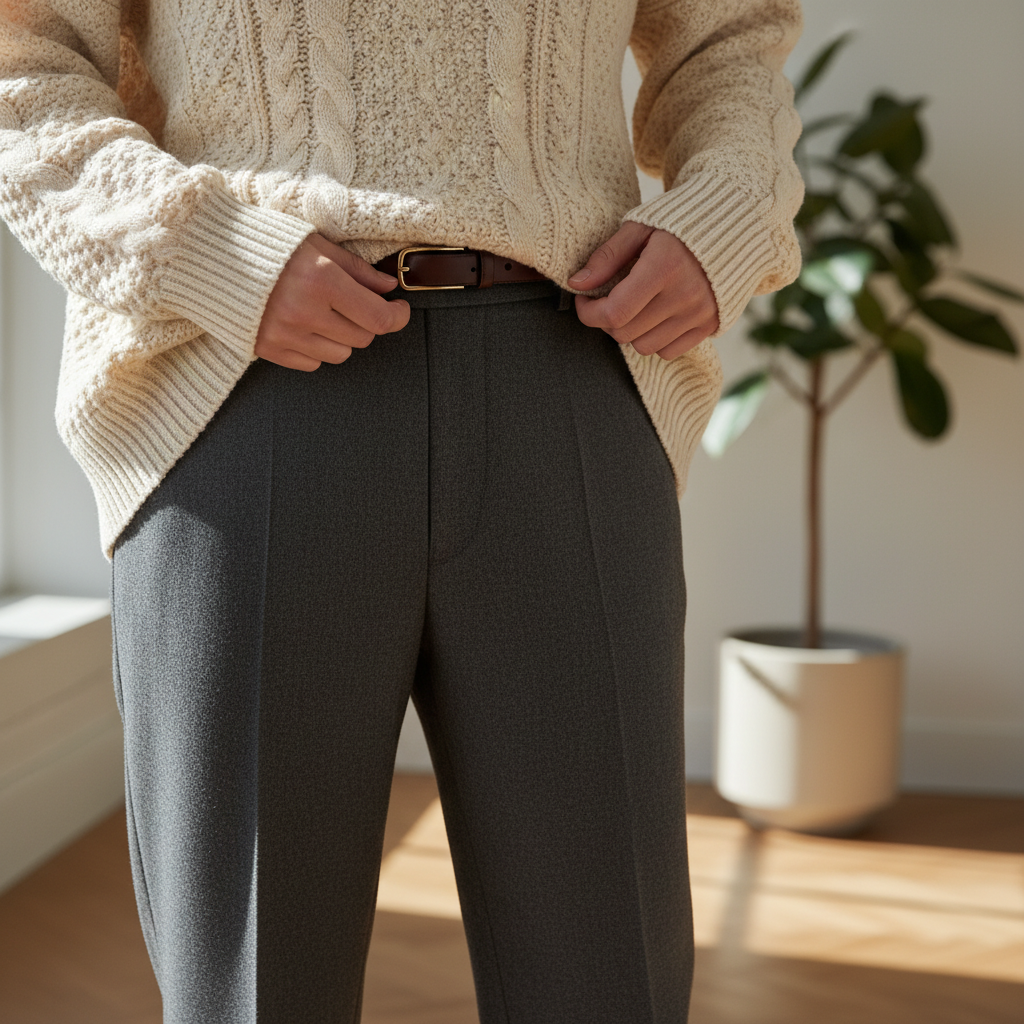 니트와 슬랙스 조합 디테일 컷