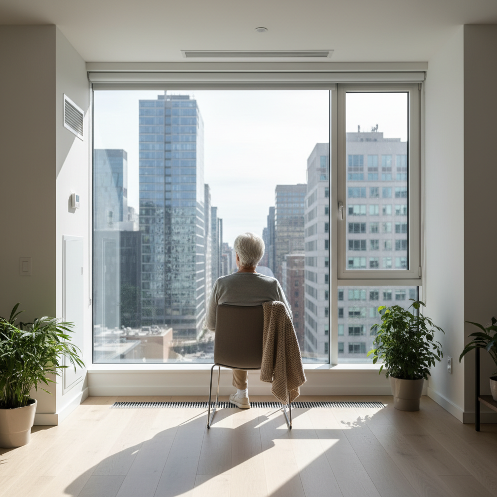 창가에 앉아 바깥을 바라보는 실버세대의 뒷모습