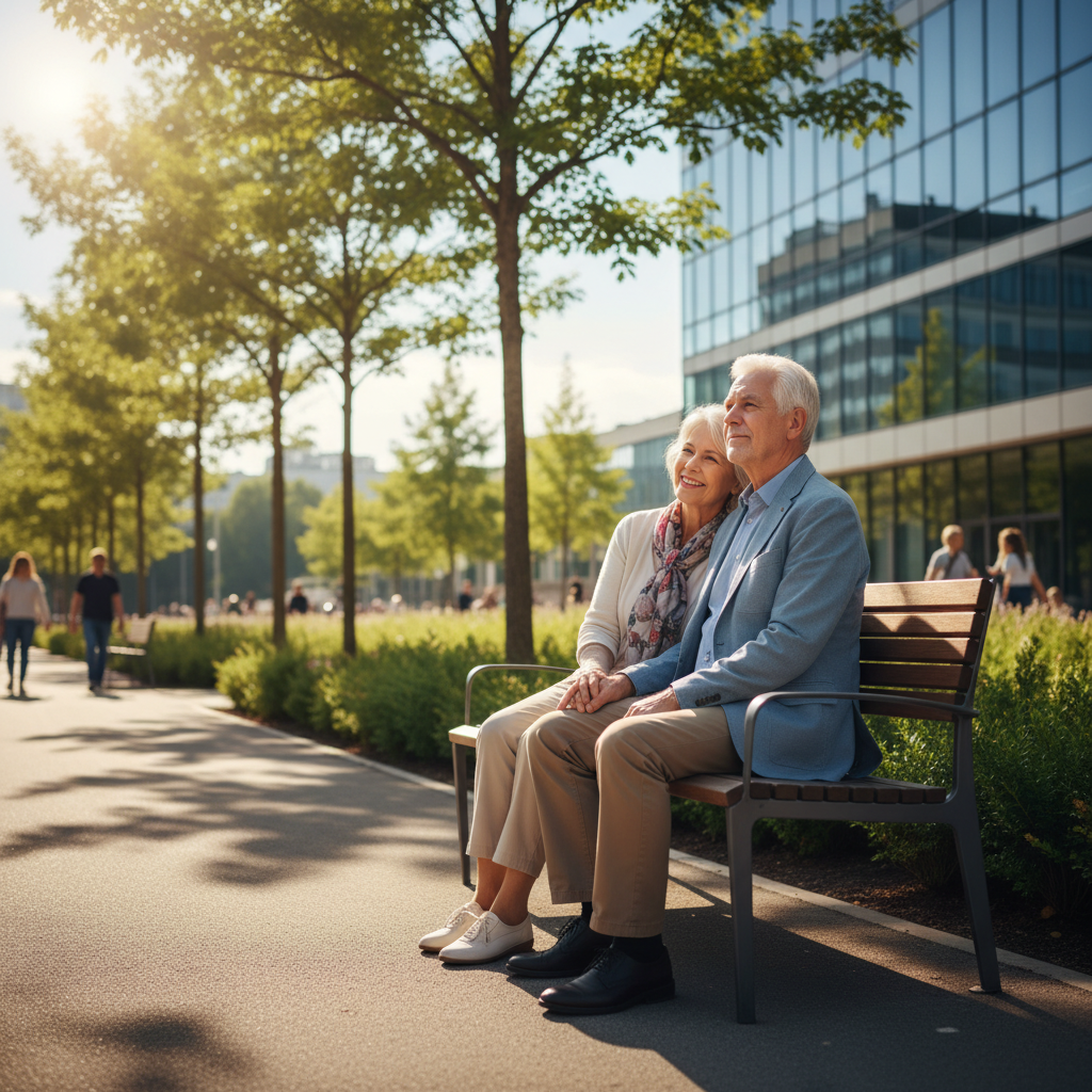 공원 벤치에 앉아 햇볕을 쬐는 실버세대