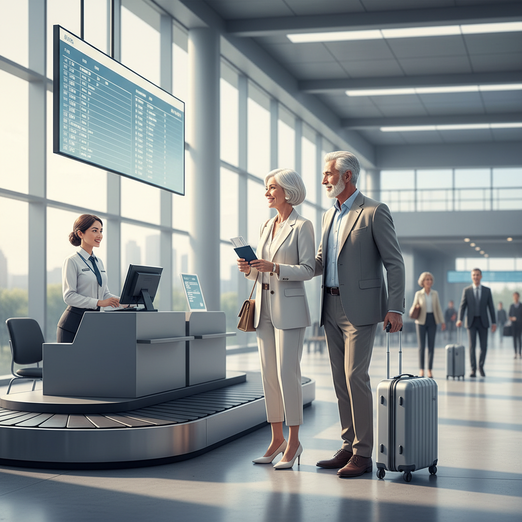 공항에서 출국 수속을 밟는 시니어 부부