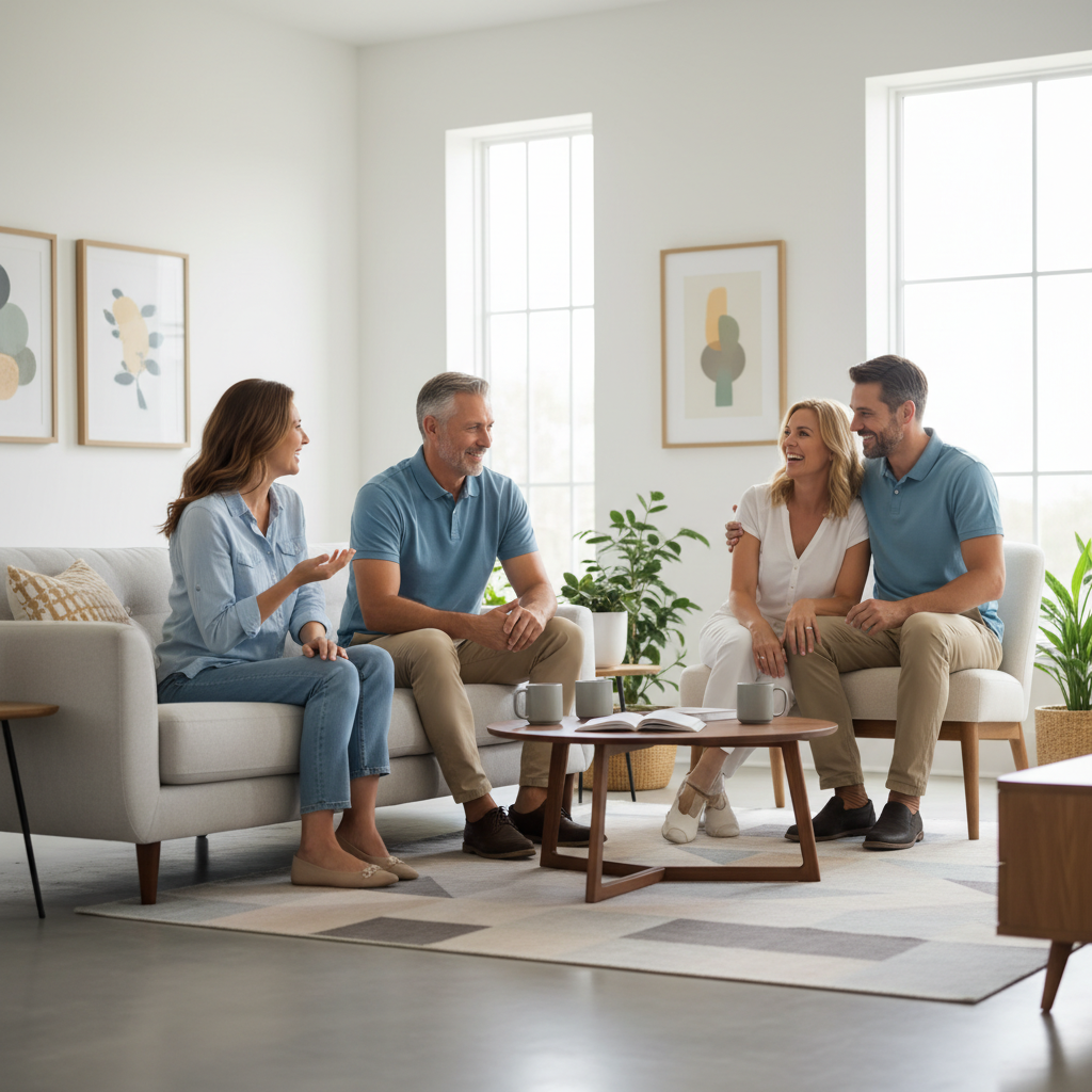 성인 자녀와 부모가 편하게 대화하는 장면