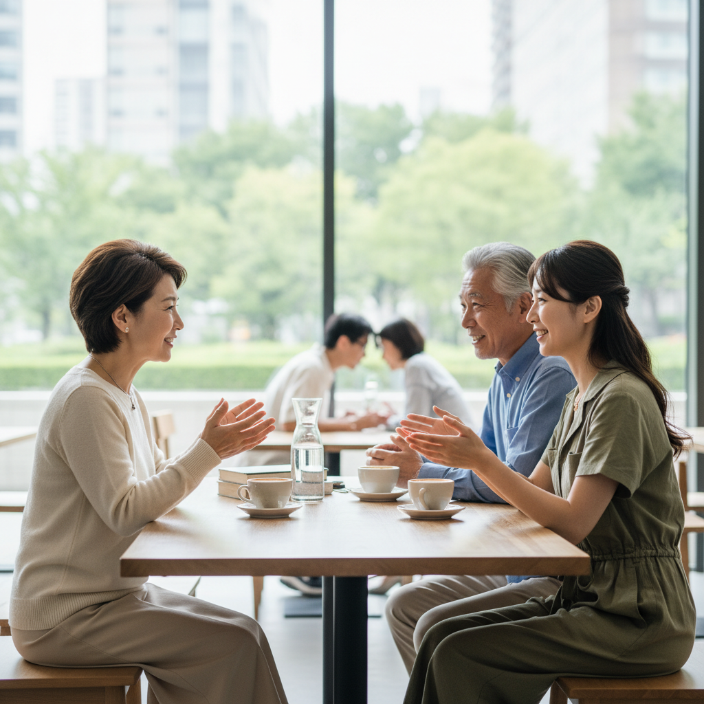 부모와 성인 자녀가 마주 앉아 이야기 나누는 모습