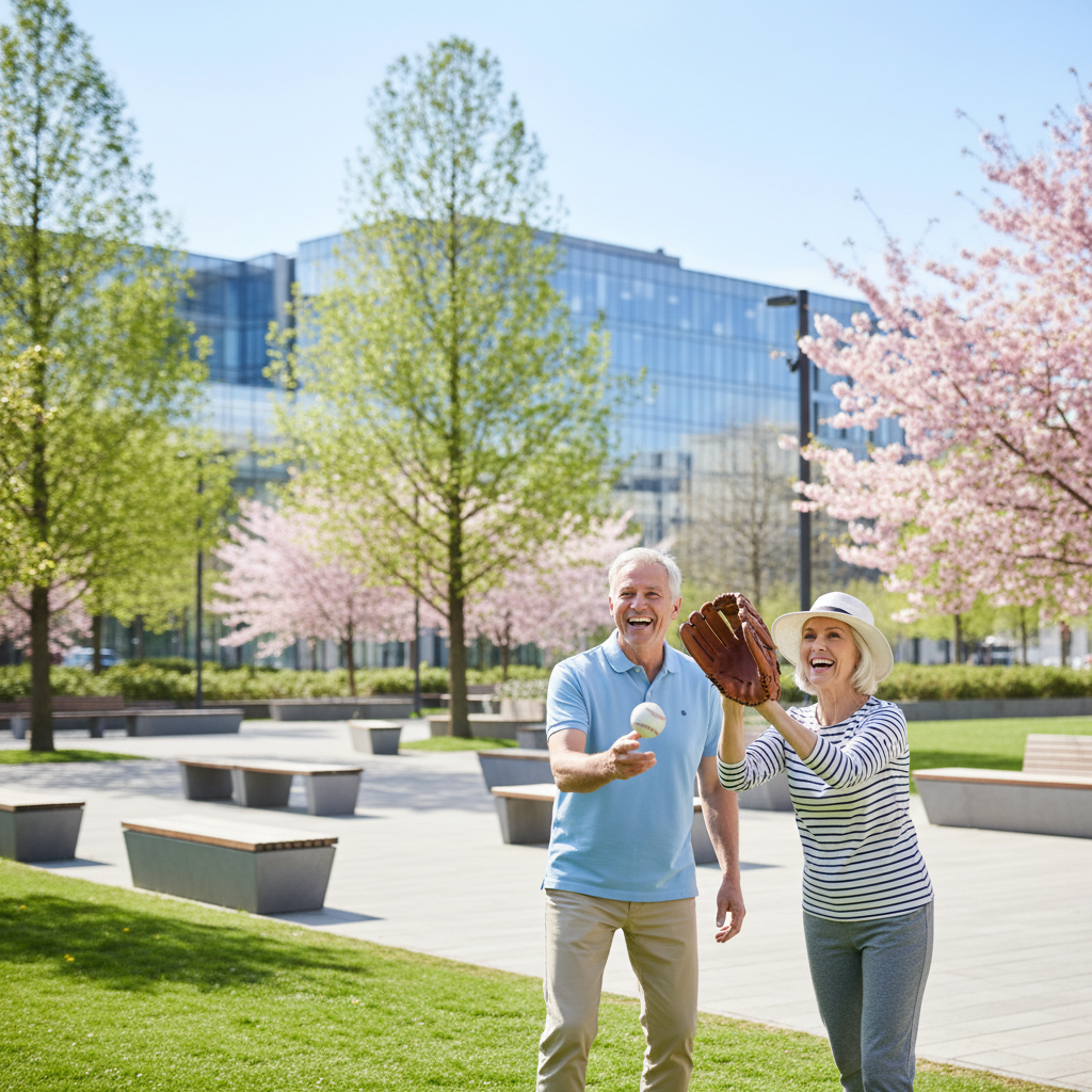 공원에서 캐치볼하는 시니어 부부 모습