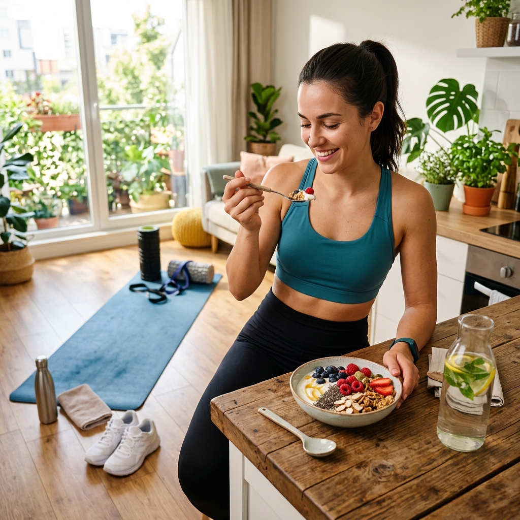 건강한 식단과 운동 루틴을 보여주는 일상 장면