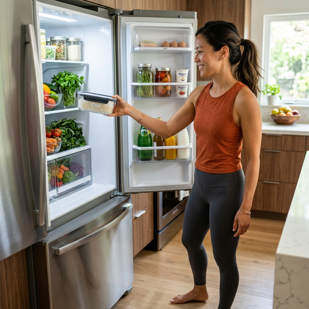 냉장고에서 식힌 밥을 꺼내는 모습