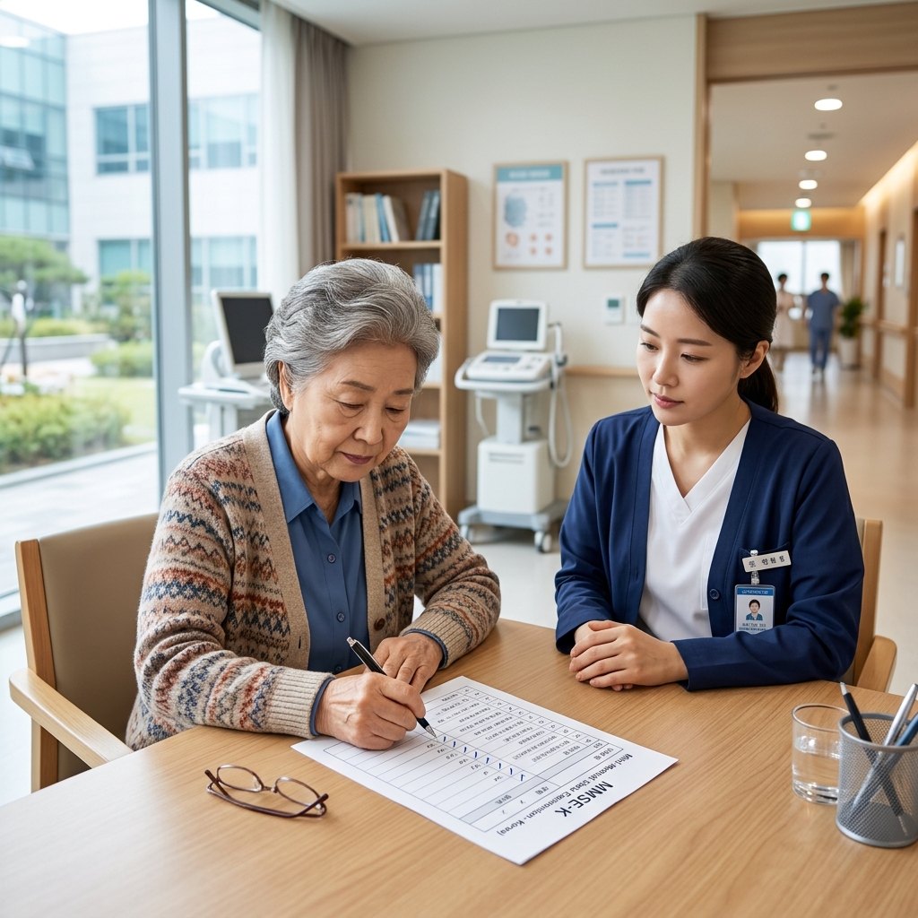 병원에서 MMSE 검사지를 작성하는 노년층