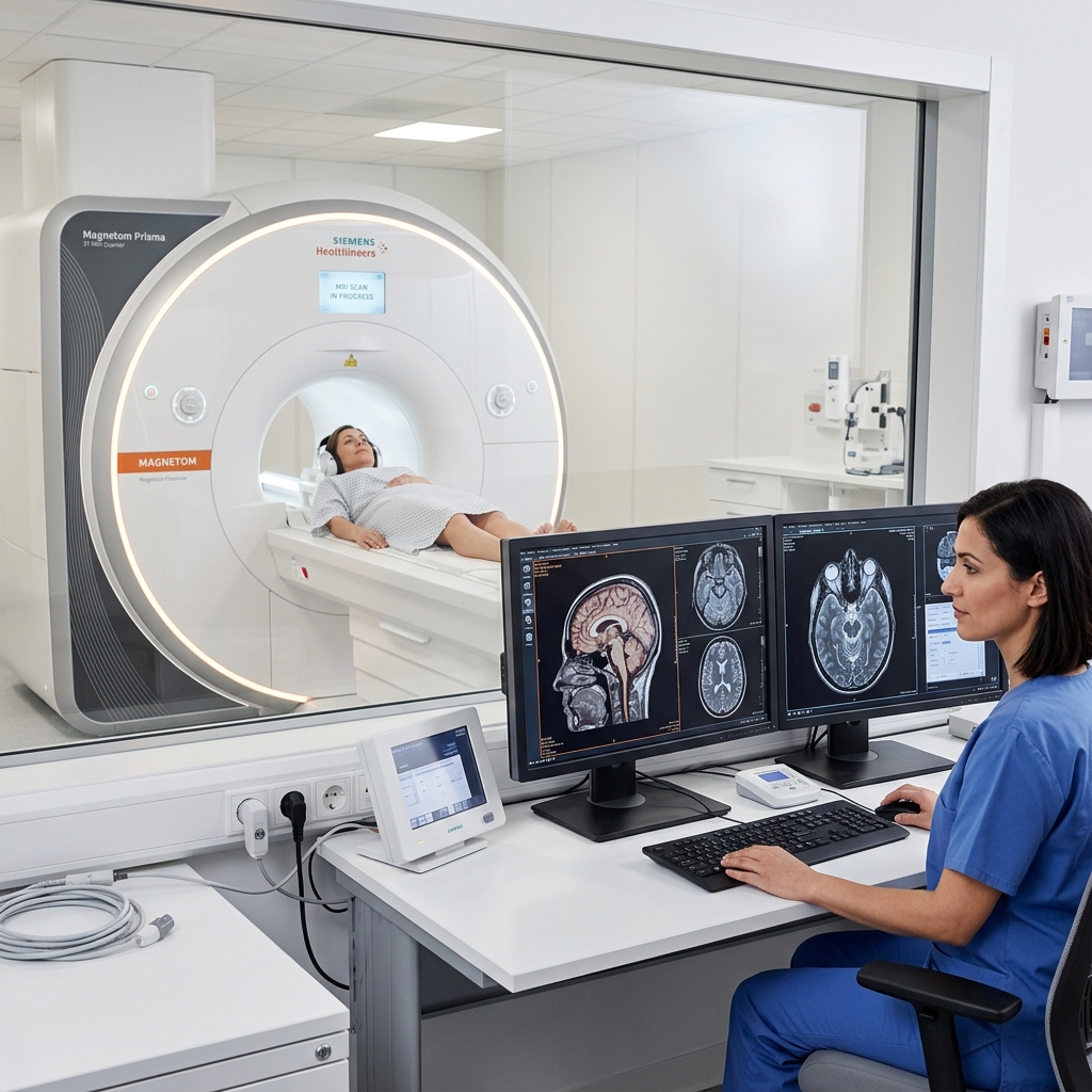 MRI 촬영 중인 장면과 뇌 영상