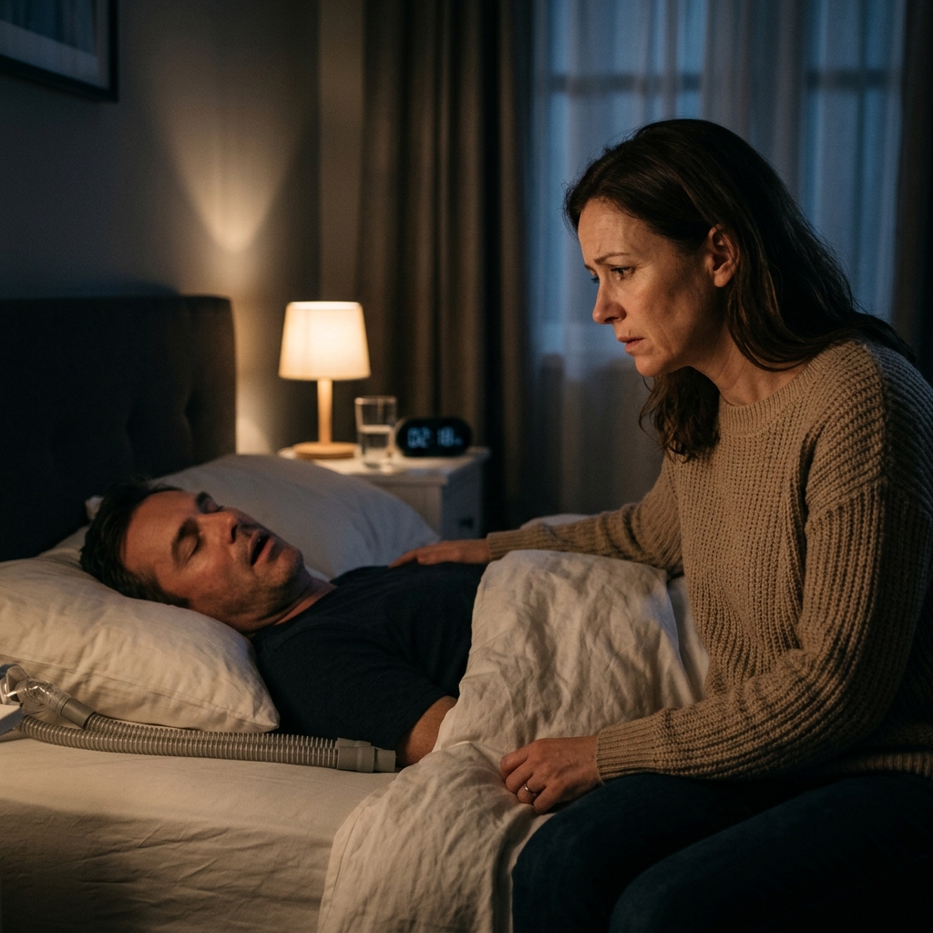 수면 중 호흡이 멈추는 모습을 걱정스럽게 지켜보는 배우자