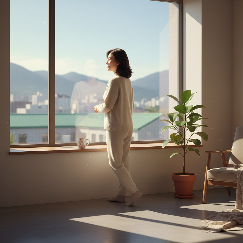 아침 햇살을 받으며 창밖을 바라보는 한국인 중년 여성의 모습