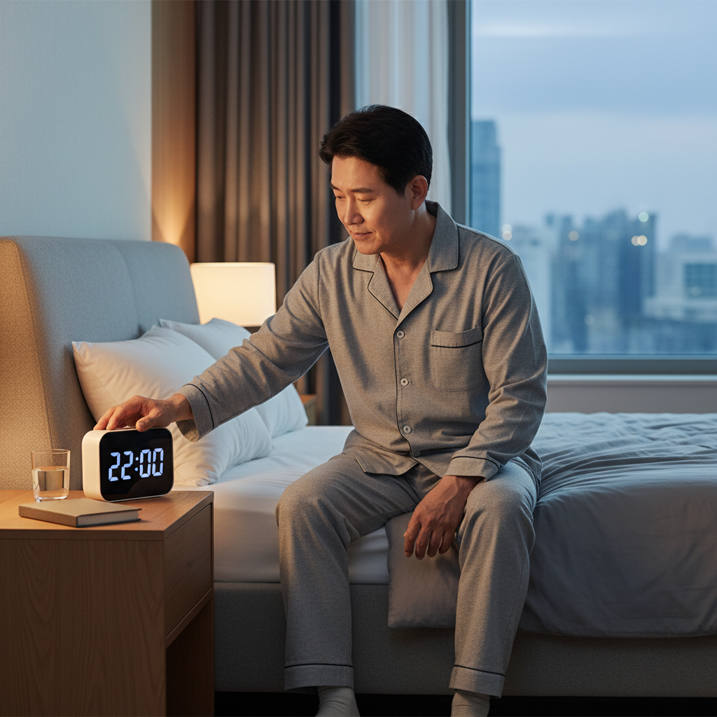 침대 옆 시계와 함께 정해진 시간에 잠자리에 드는 한국인 중년 남성의 모습