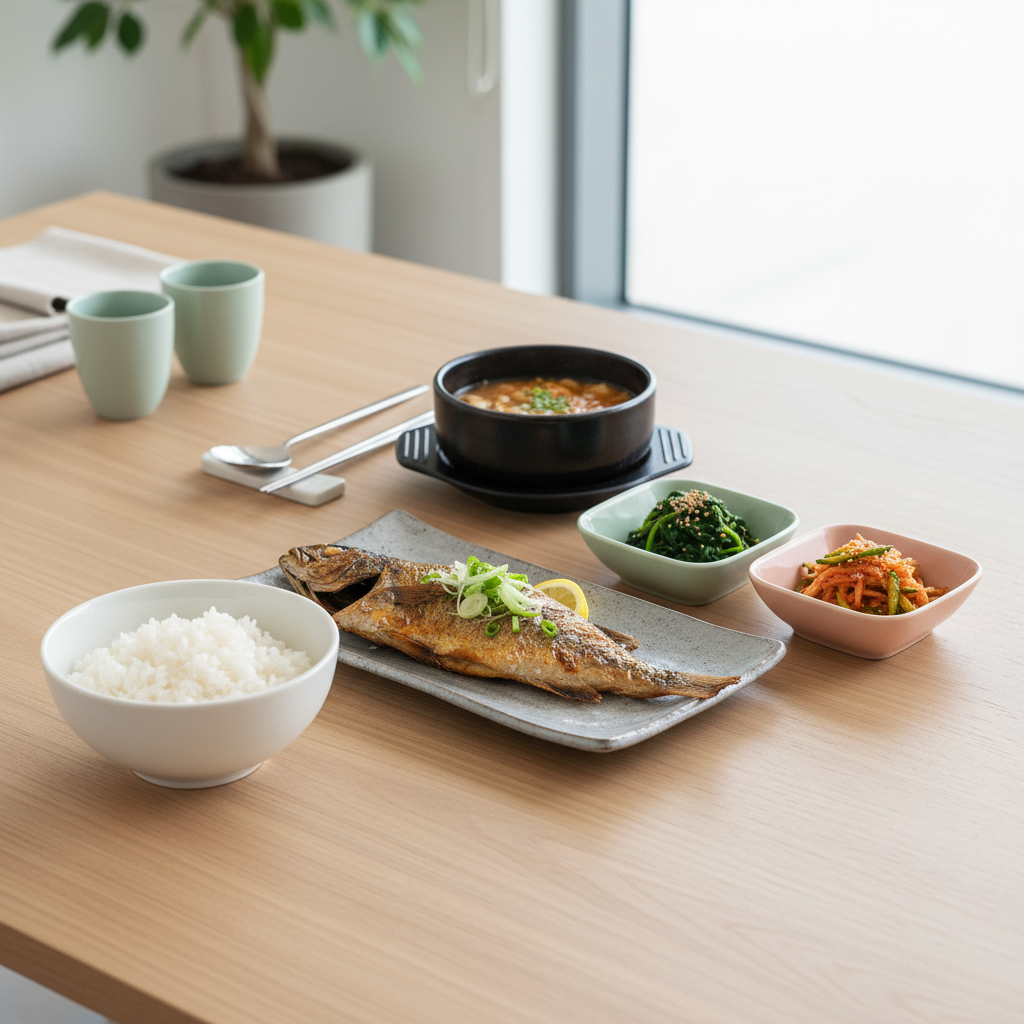 식탁 위에 채소 반찬, 생선, 밥이 차례로 놓인 한식 밥상