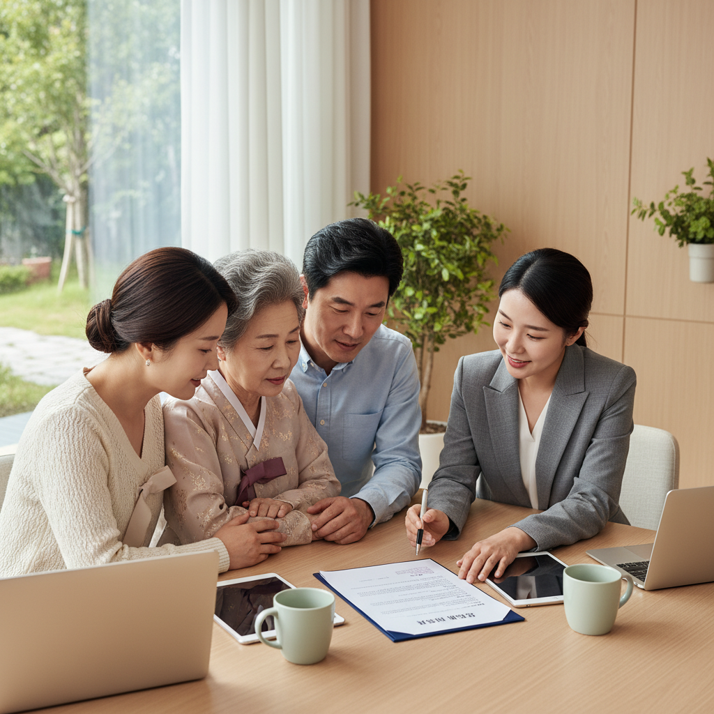 요양원 계약서를 함께 검토하는 한국인 가족과 시설 담당자