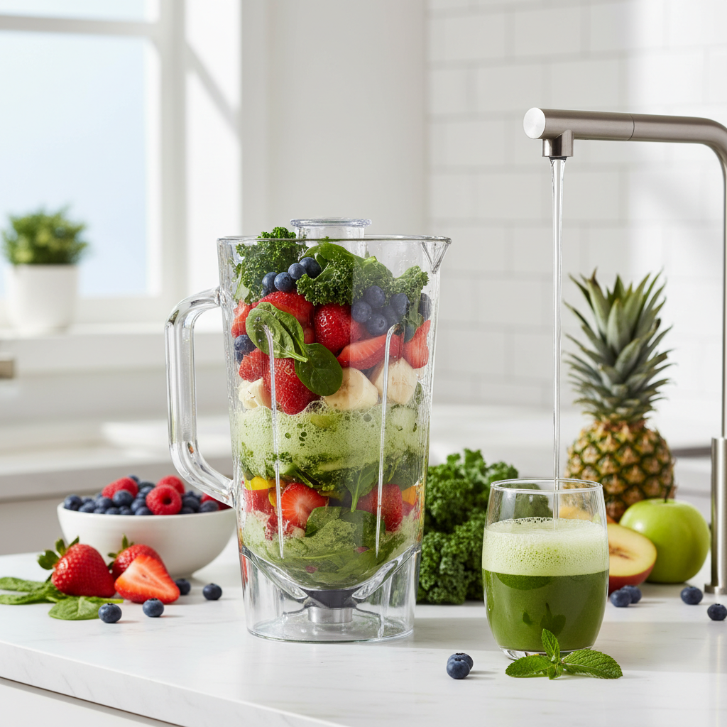 신선한 과일과 채소를 믹서에 넣어 주스를 만드는 장면
