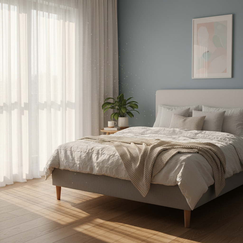 봄철 아침 햇살이 창문을 통해 들어오는 침실 풍경