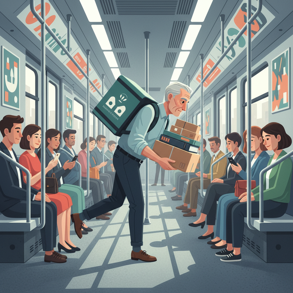 지하철 안에서 배달 물품을 든 채 균형을 잡고 있는 실버 배달원
