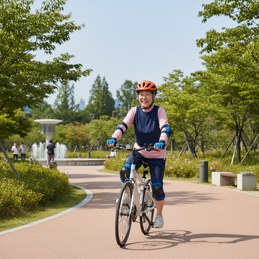 공원에서 보호 장비를 착용하고 자전거 연습 중인 60대 한국인 어르신