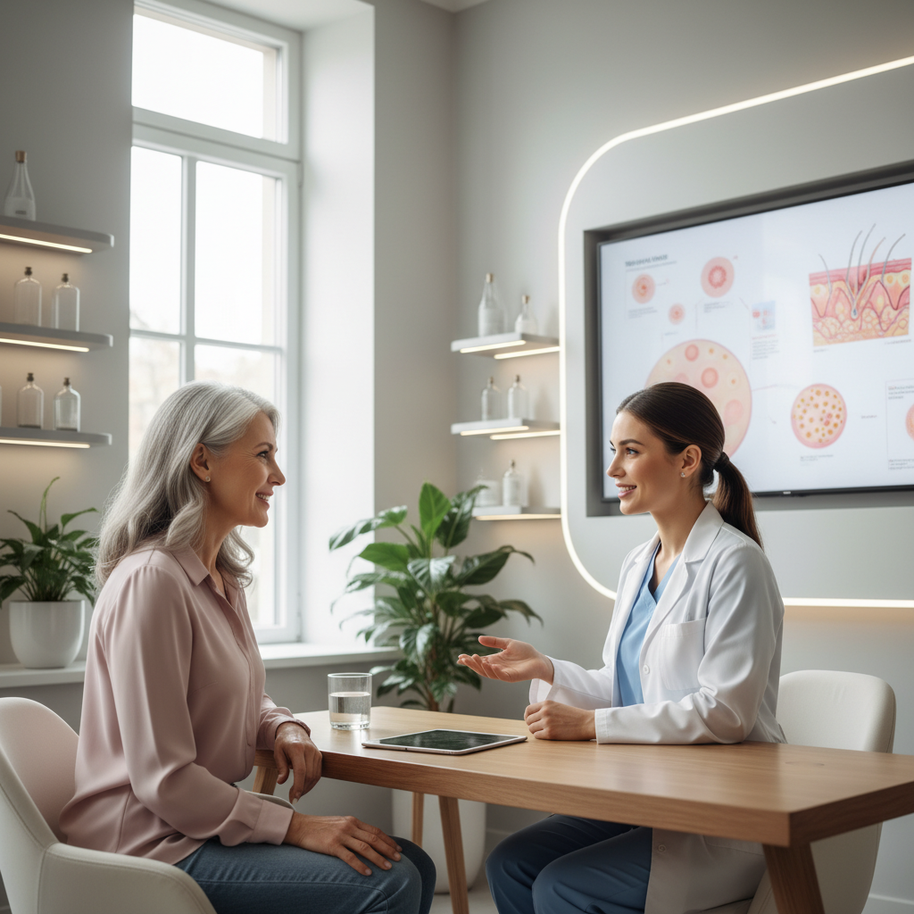 60대 여성이 피부과 상담실에서 의사와 대화하는 장면