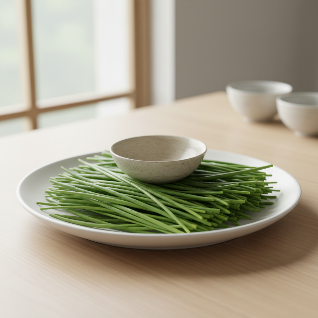싱싱한 부추가 담긴 접시 위에 놓여 있는 모습