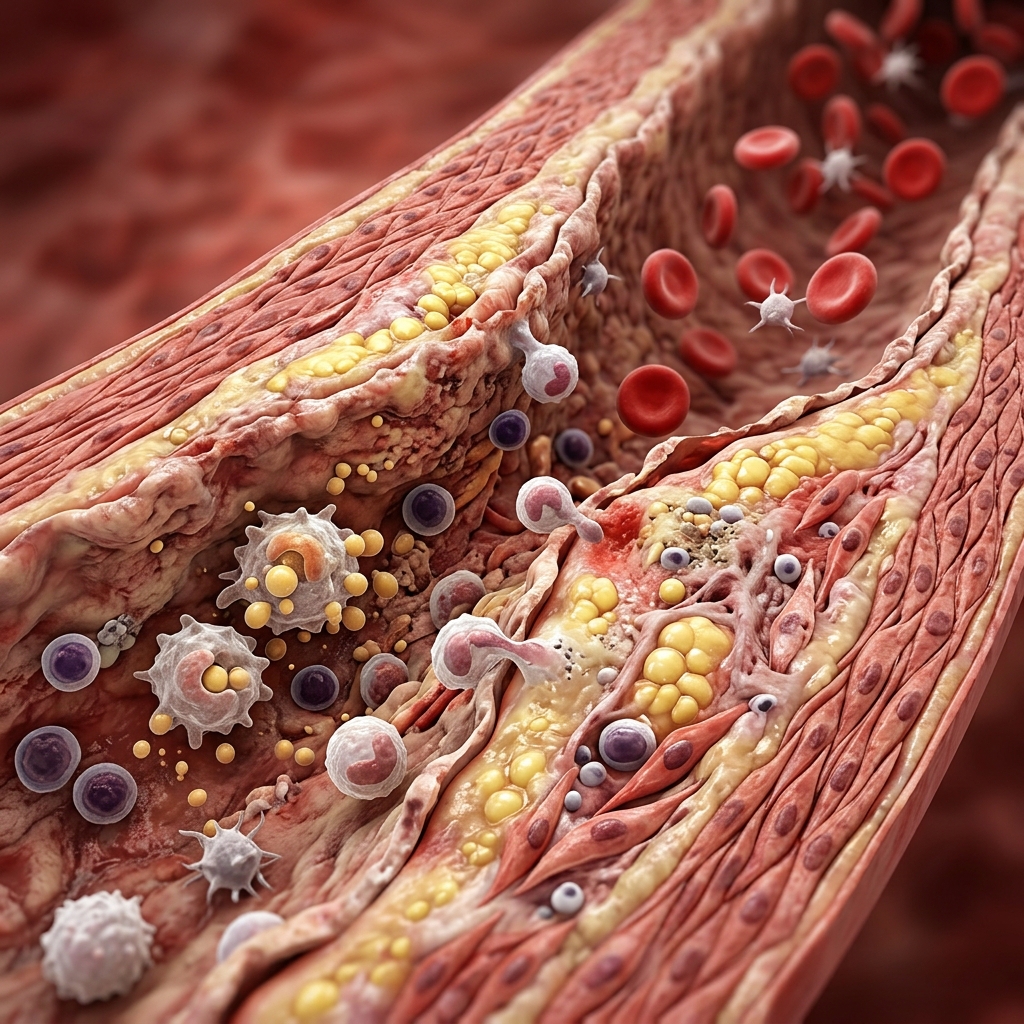 혈관 속 만성 염증이 진행되는 모습을 보여주는 의학 삽화