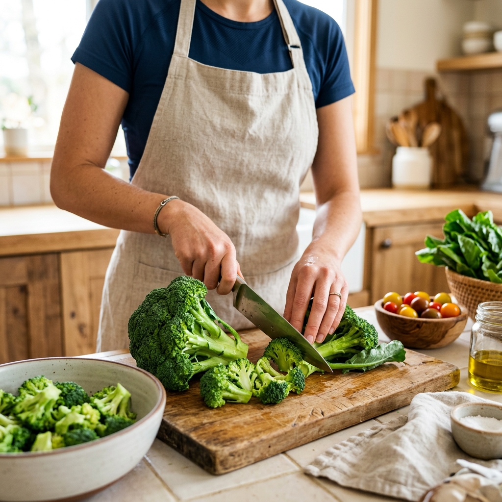신선한 브로콜리를 손질하는 장면