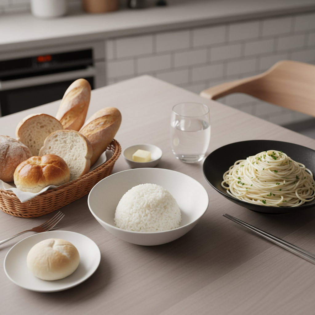 흰 쌀밥과 빵, 면 등 정제 탄수화물 위주의 식사 장면