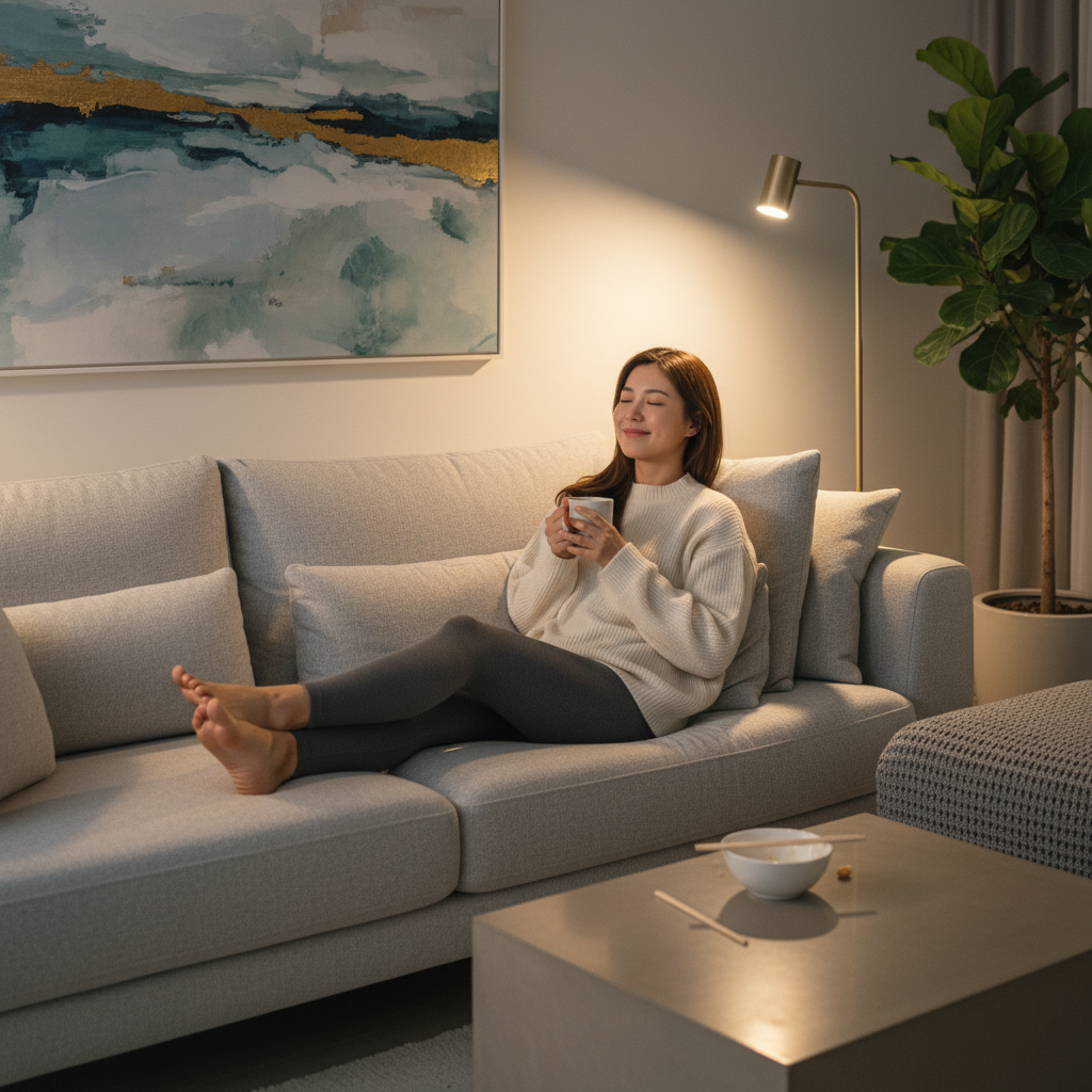 저녁 식사 후 소파에 앉아 쉬고 있는 한국인 여성