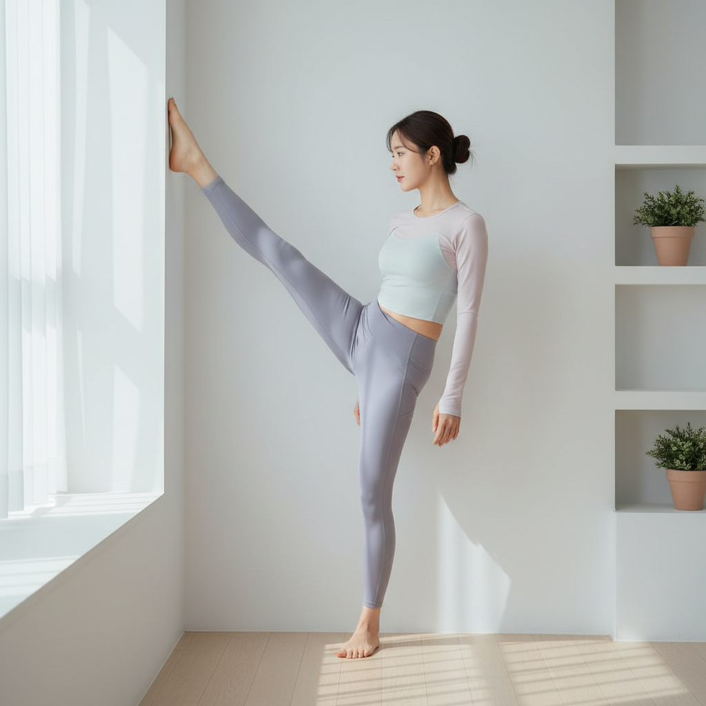 벽에 다리를 올리고 스트레칭하는 한국인 여성